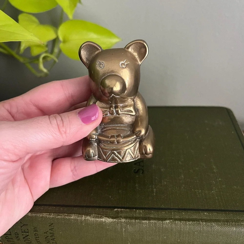 Vintage Brass Teddy Bear Figurine Playing Drum 3 Inch Small Nursery Shelf Decor